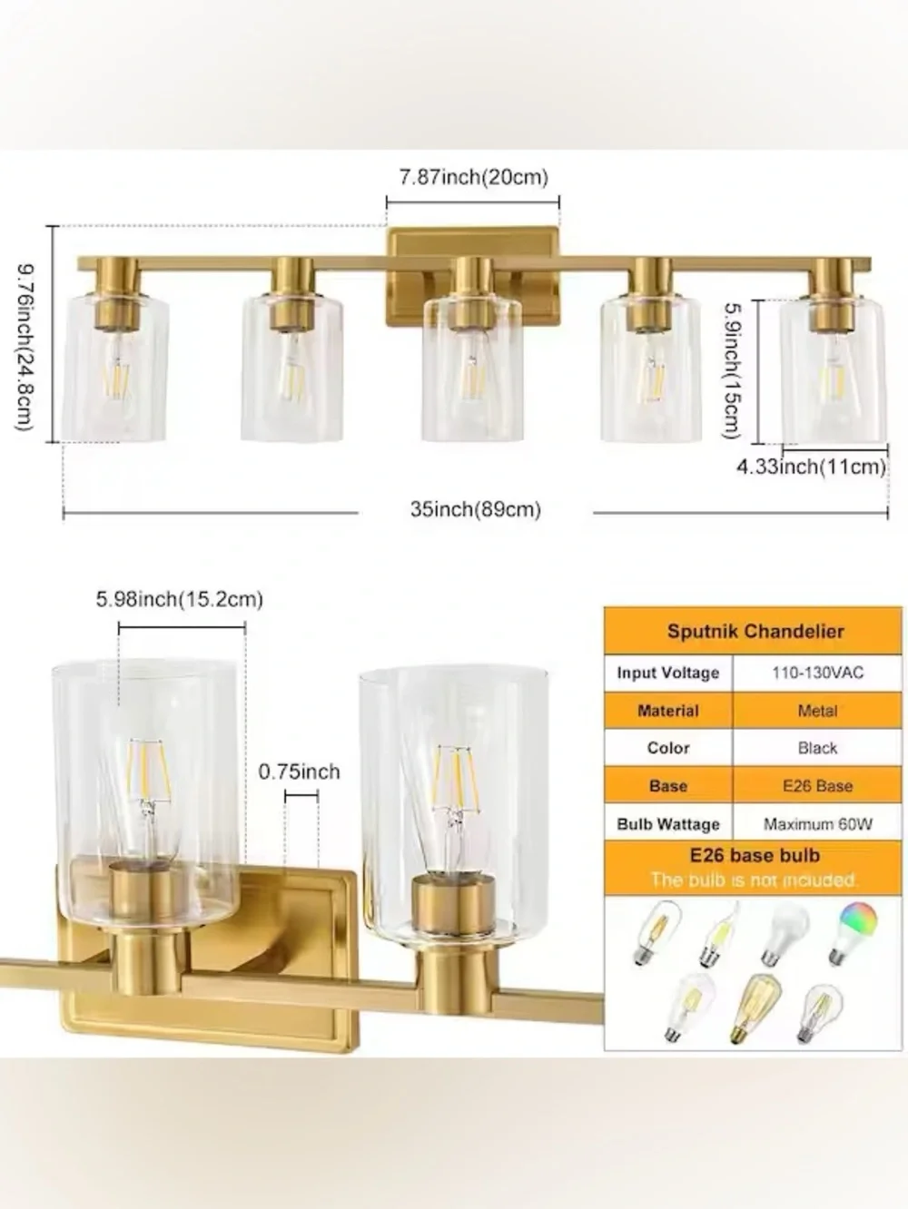 Gold Finish 5-Light Vanity Wall Sconce - Modern Glass Shade Bathroom Lighting